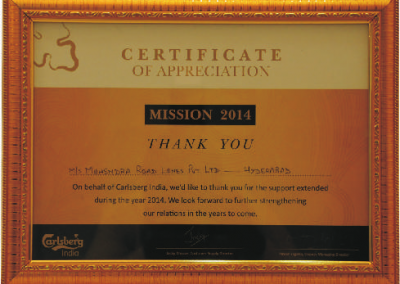 Award from Carlsberg India Support 2014